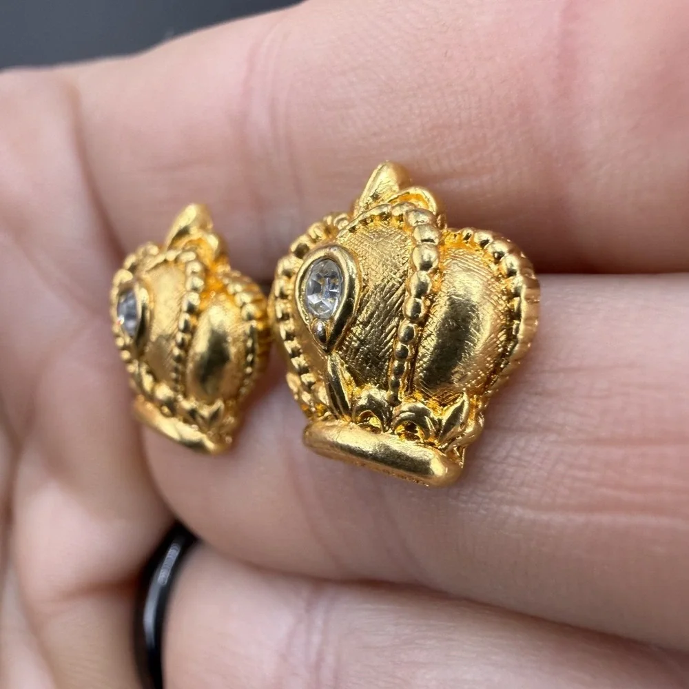 Vintage Pierced Crown‎ Earrings Gold Tone Rhinestone